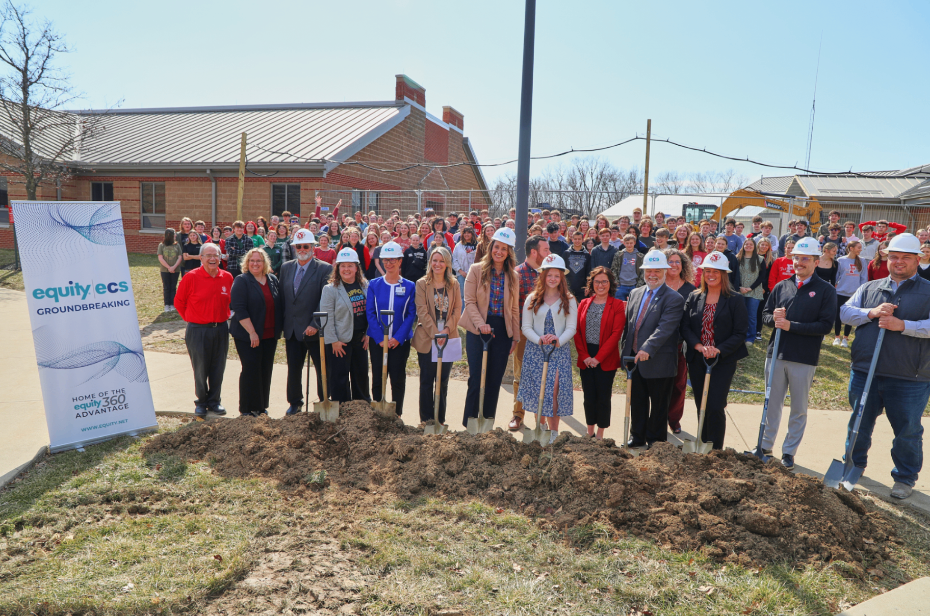 Fairfield STEM school groundbreaking ceremony with students, leaders and partners holding shovels