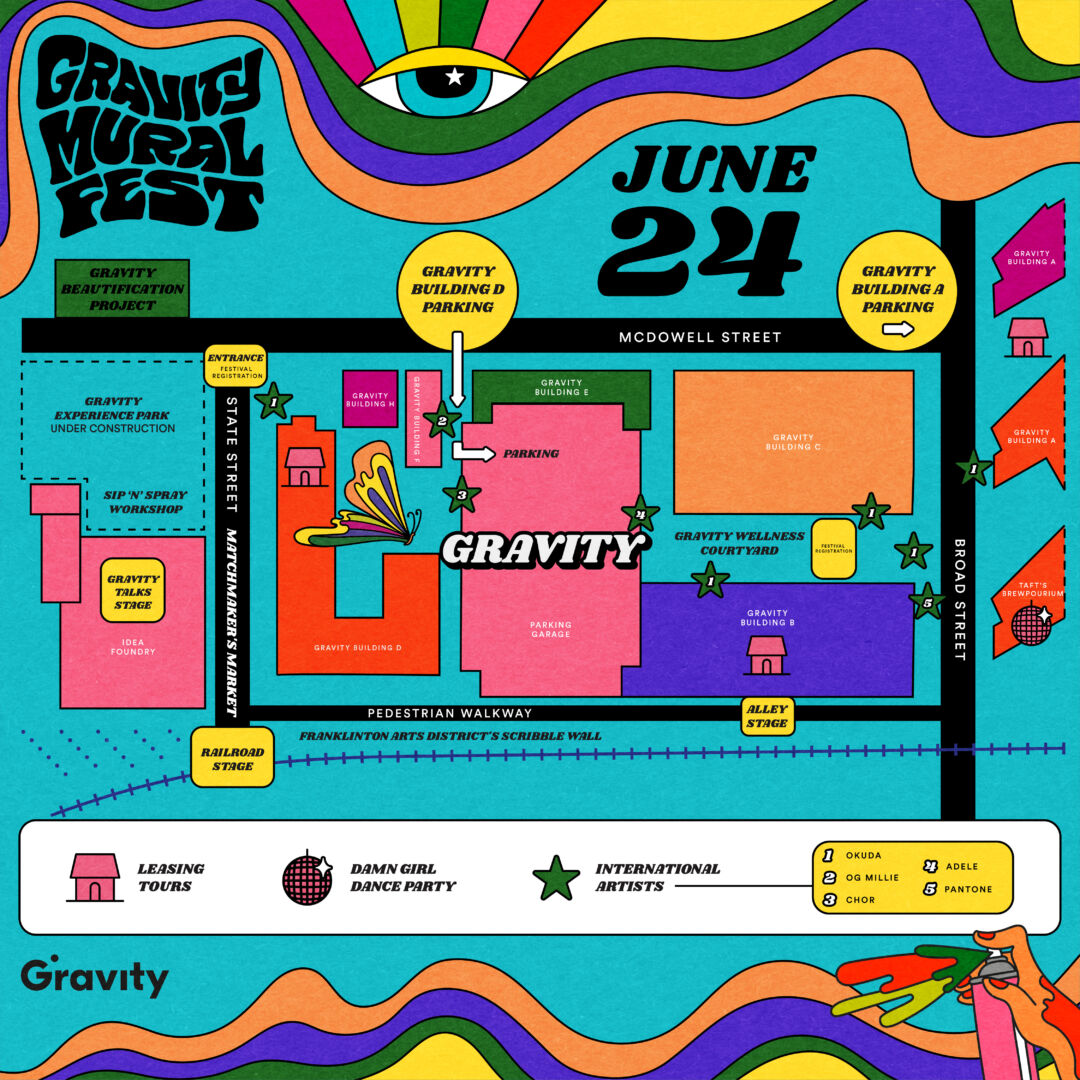 Gravity Mural Fest festival map: open streets layout with stages, international artists, vendors and activations across the Gravity campus