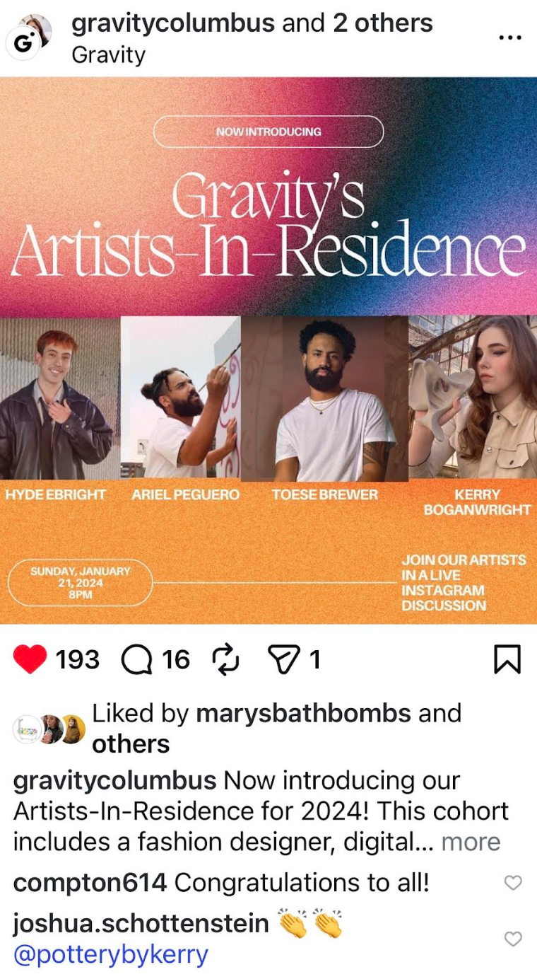 Instagram post announcing Gravity's Artists-In-Residence cohort with four featured artists