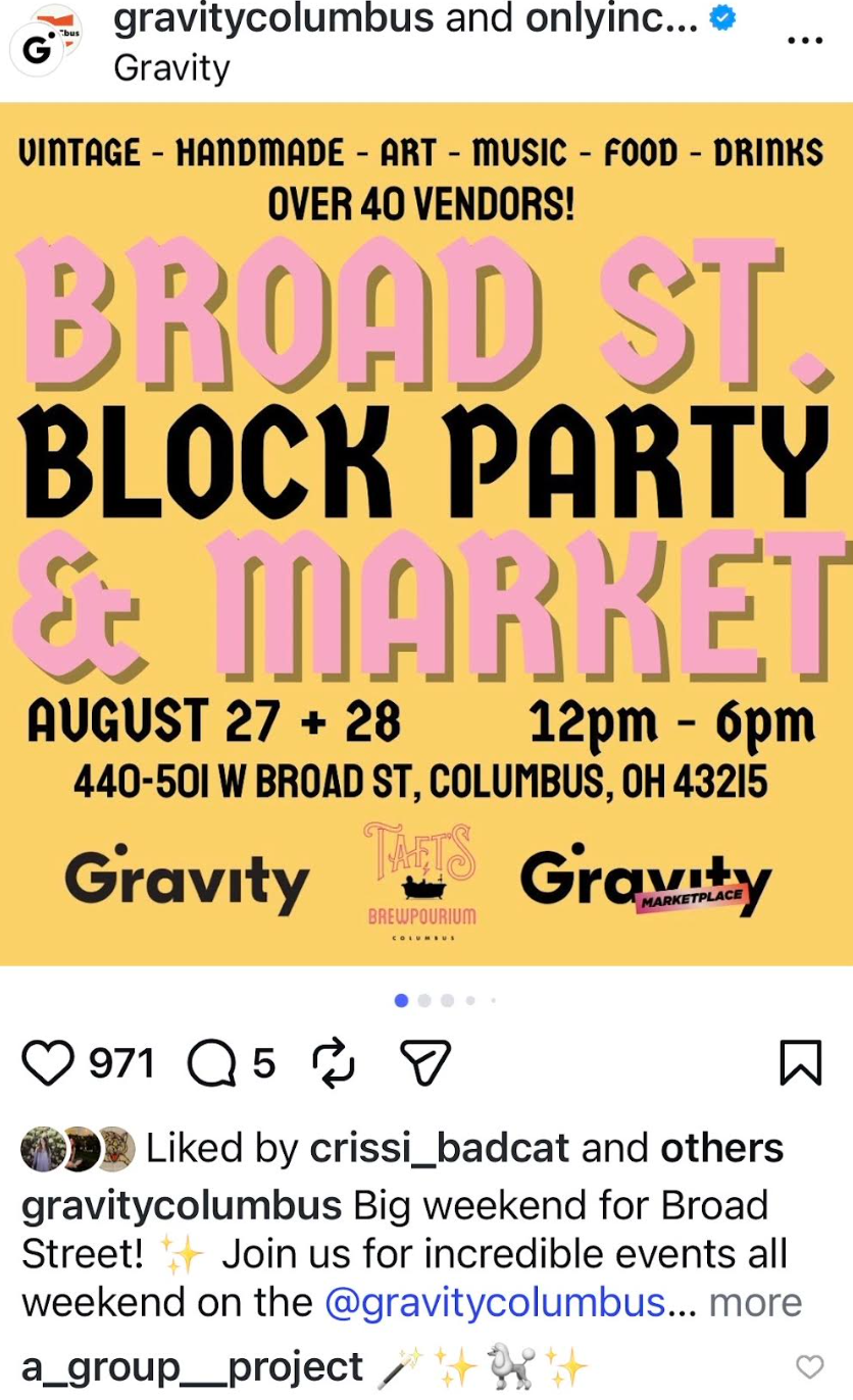 Instagram post for Broad Street Block Party & Market with bold pink and yellow type