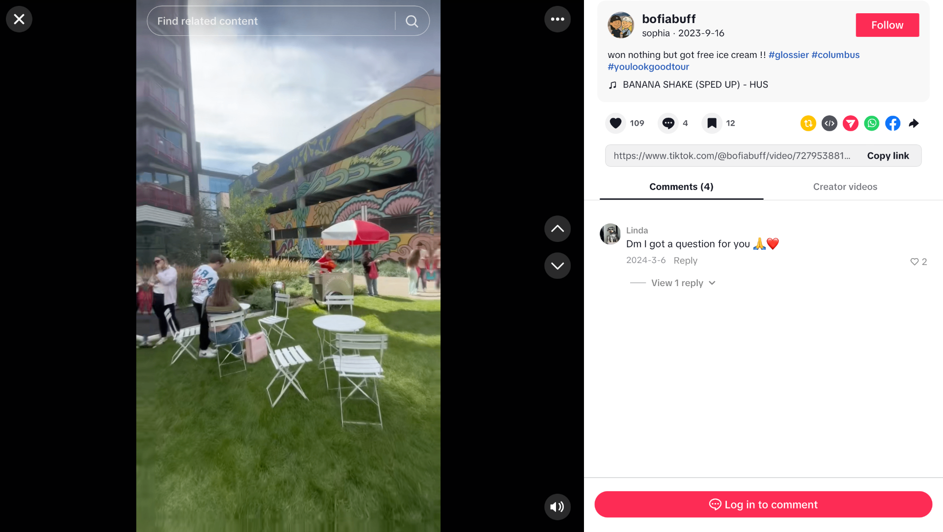 TikTok video still of the Glossier You Look Good Tour activation on the lawn at Gravity in Columbus