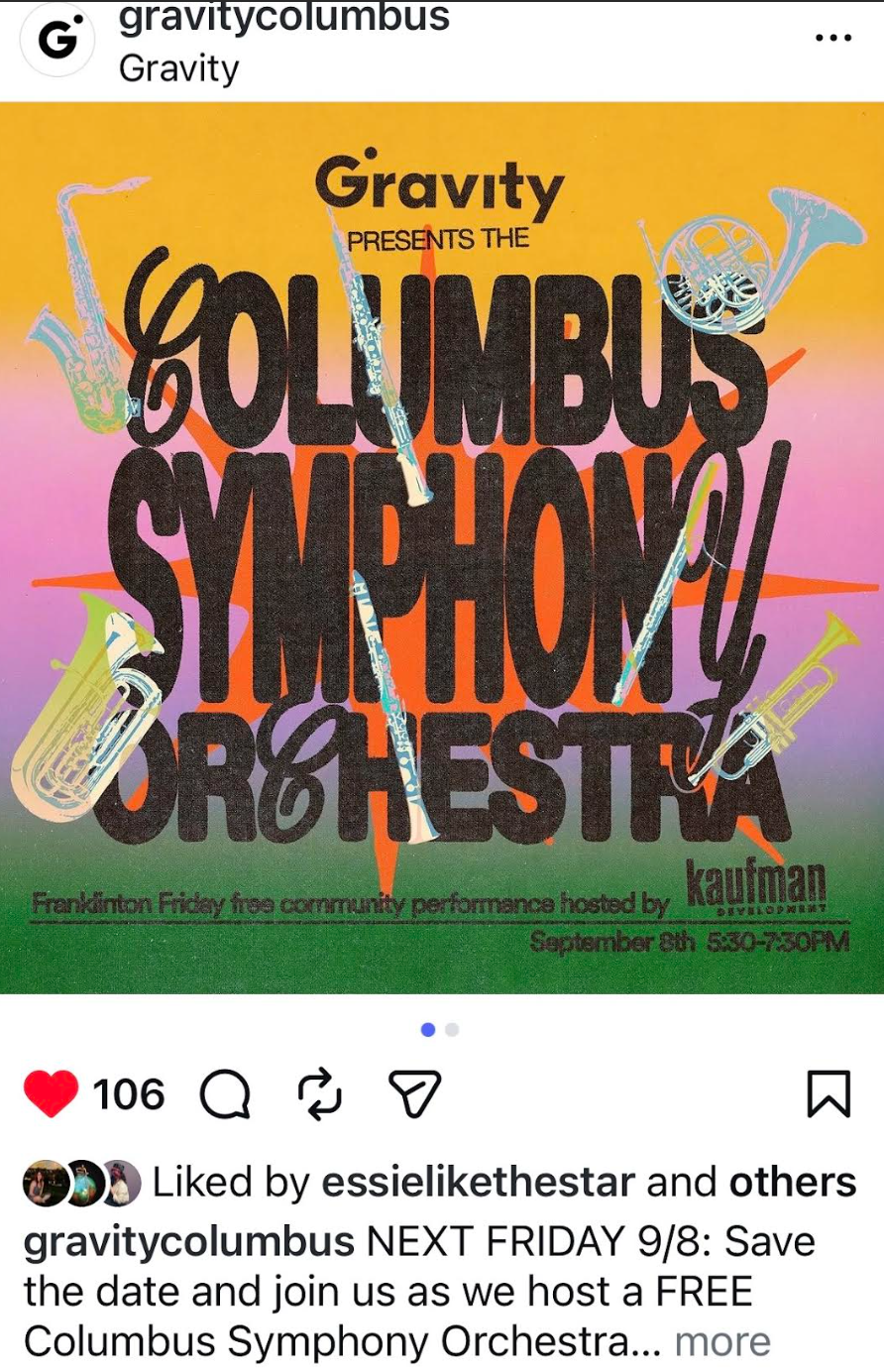 Instagram post for Gravity presents the Columbus Symphony Orchestra at Franklinton Friday